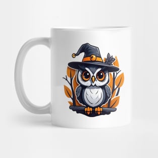 An owl wearing a witches hat sitting on a branch Mug